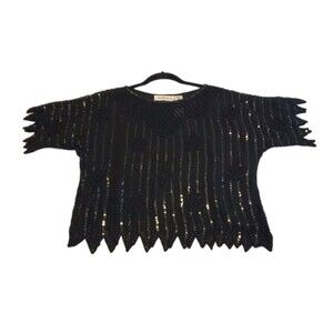 Vintage Deadstock Ann Katrine Silk Hand Beaded Evening Top Blouse Black